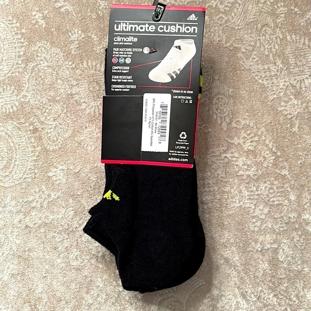 Brand New Adidas 3-Pack Youth Cushioned Climalite No Show Black Socks